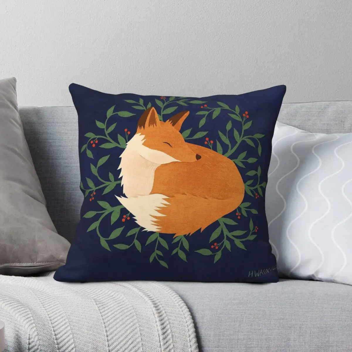 Cozy Baby Fox Square Pillowcase Polyester Linen Velvet Printed Zip Decorative Bed Cushion Case