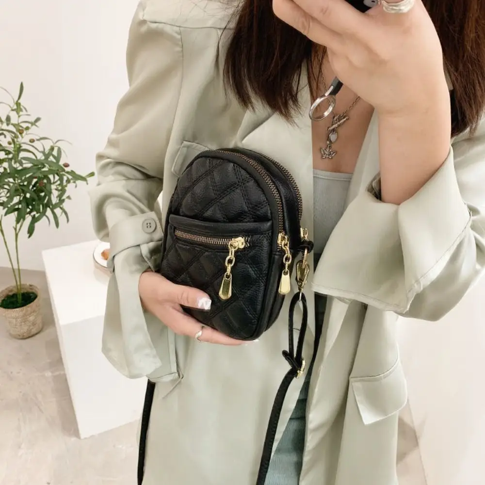 

Simple Korean Style Zipper Messenger Bags Square Double Layer PU Crossbody Bag Solid Color All-match Simple Phone Bag Boys