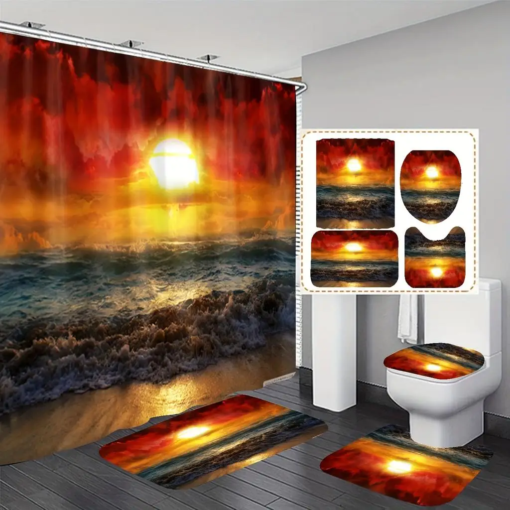 

Набор из 4 предметов: Душевая шторка с мультяшным рисунком «Восход солнца», красочный абстрактный фэнтезийный дизайн, нескользящий коврик для ванной, водонепроницаемая шторка для душа с крышкой для унитаза