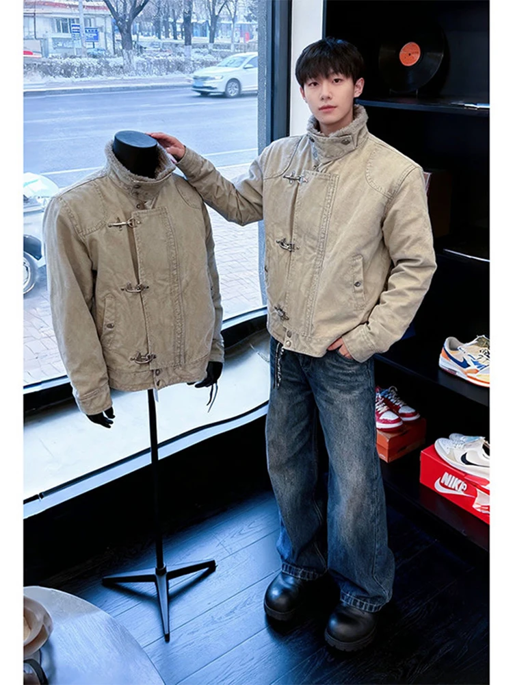 

Молодежная зимняя рабочая куртка в стиле пэчворк с короткими рукавами, синяя, хлопковая, в стиле ретро, с эффектом потертости, мужская повседневная верхняя одежда