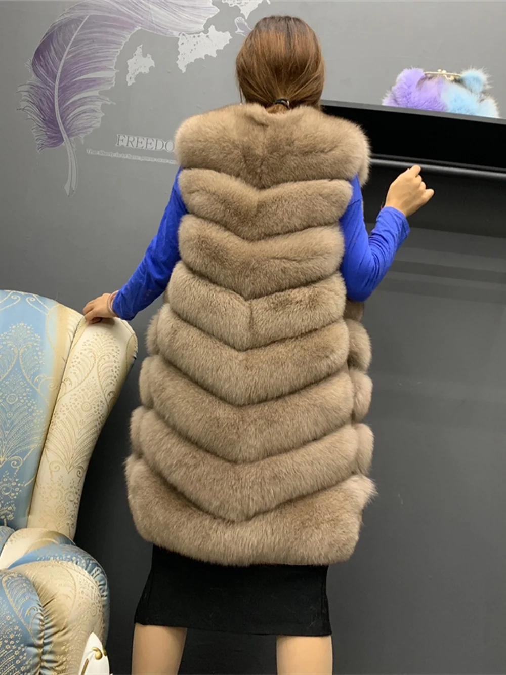 

Long Fox Fur Vest for Women, Luxury Genuine Plush Blue Vests, Female Real Fur Jacket, Sleeveless for Girls