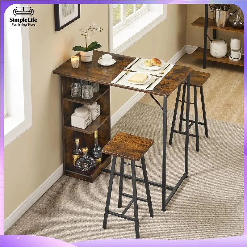 3 Piece Nordic Style Bar Table Set for 2 People Space Saving Small Apartment Table with 3 Tier Storage Shelves Kitchen Living