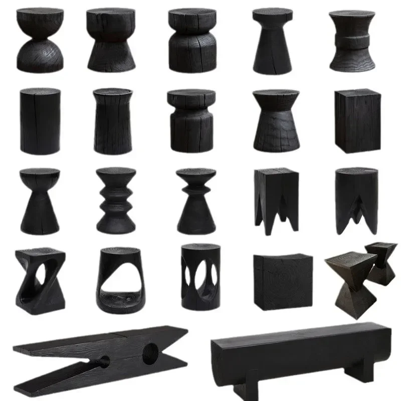Wabi Silent Wind Geometric Design Stump Log Edge Solid Wood Stump Coffee Table Carbonized Black