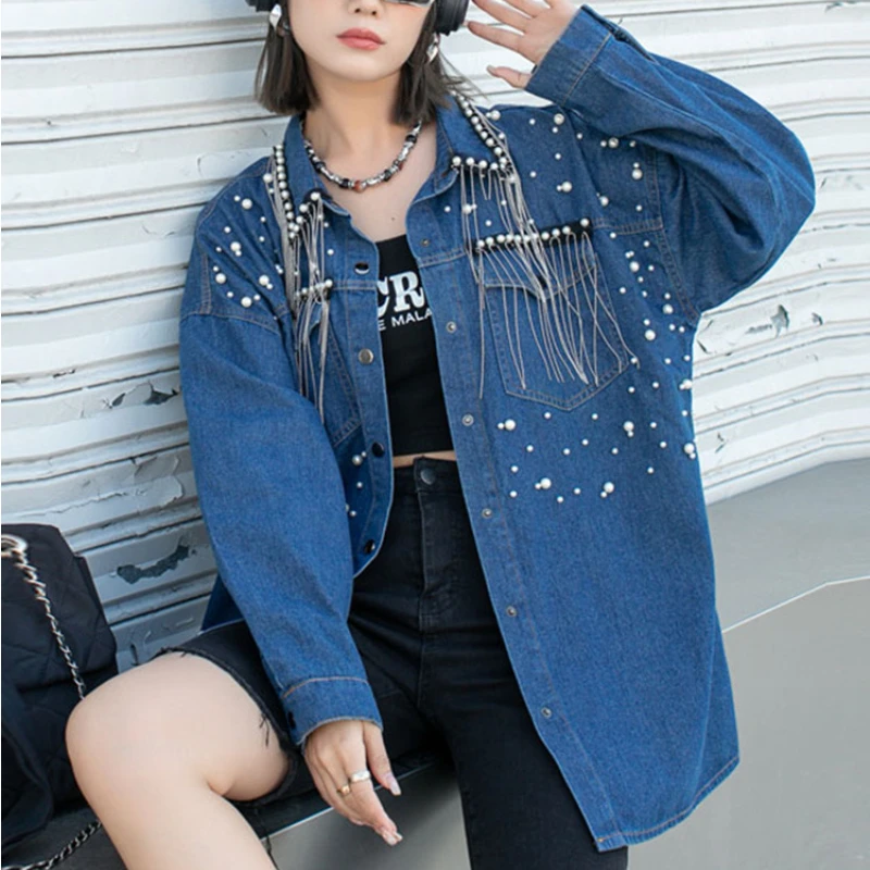 Spring Women Pearls Beaded Tassels Denim Shirts Beautiful Loose Fringed Jeans Blouses Jacket Cowboy Cardigan Long Sleeved Tops