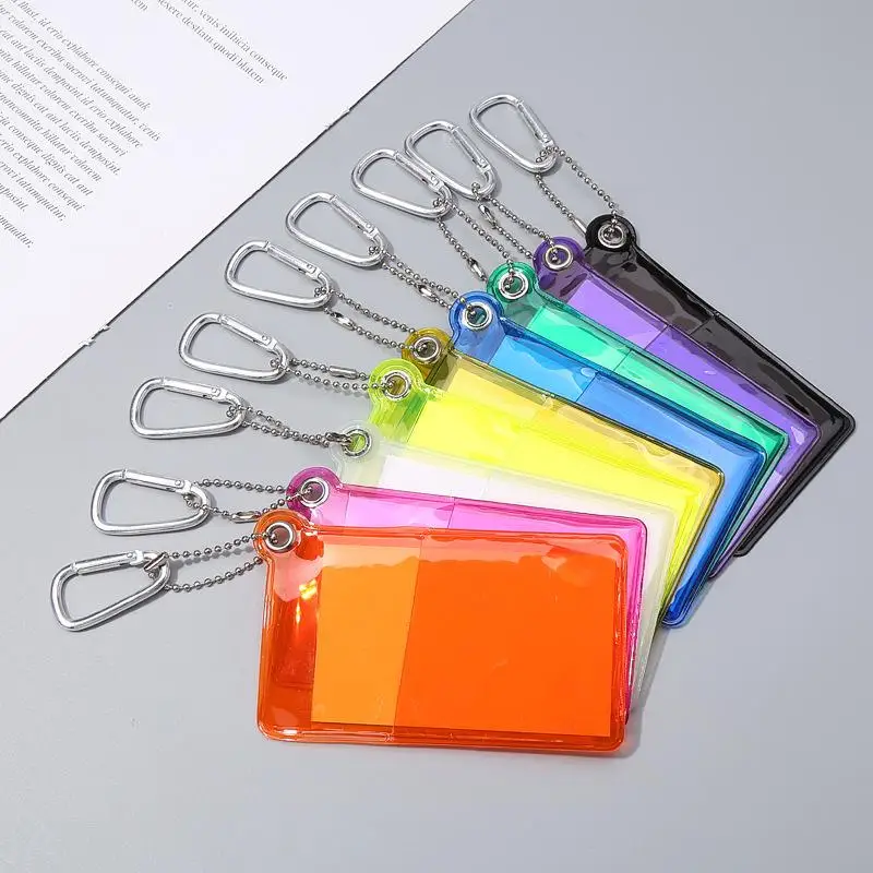 PVC Transparent ID Card Holder With Keychain Fluorescent Clear Card Case Credential Holder For Student Bus Card Work ID
