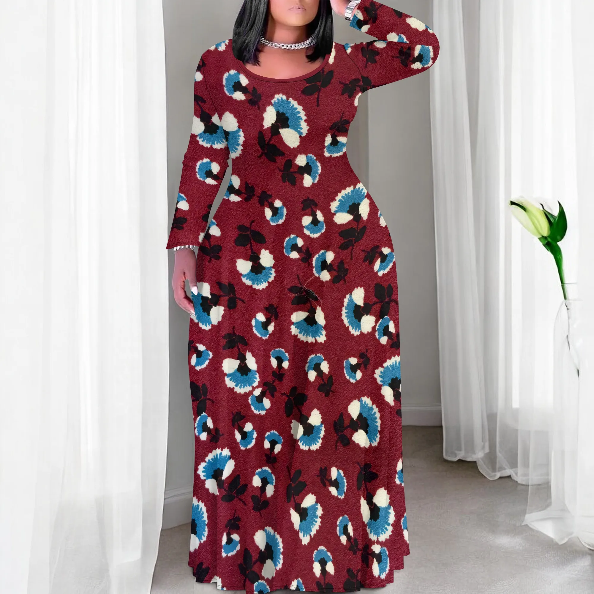 

Women's Green Leaf Crew Neck Long Sleeve Printed Maxi Dress Polyester with Pockets Vacation Spring