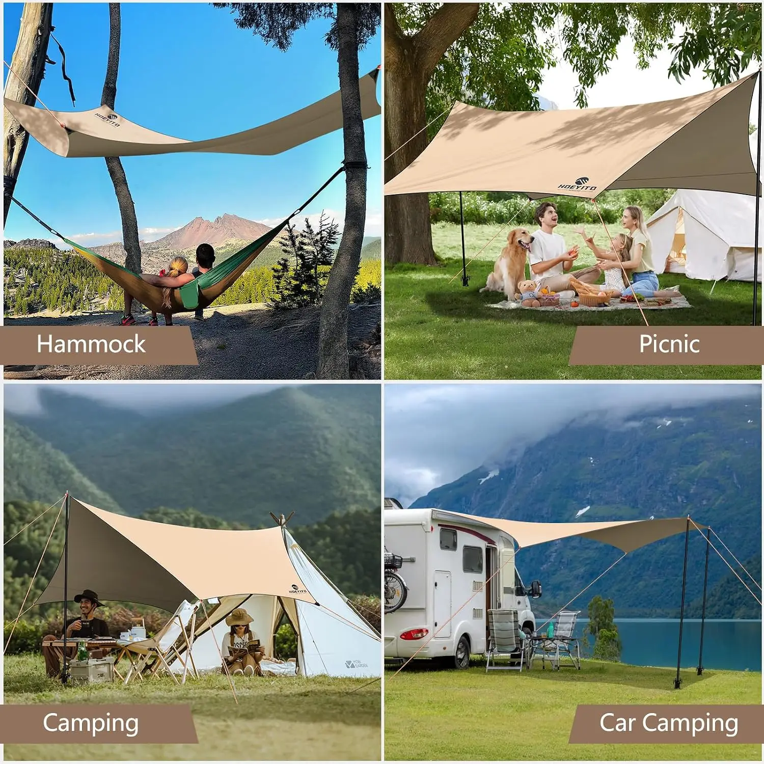 15x12.5FT Waterproof Camping Tarp with Poles, UPF100+ UV Protection, 210D Oxford Cloth Canopy for Outdoor Picnic Car Hammock (Khaki) view 6