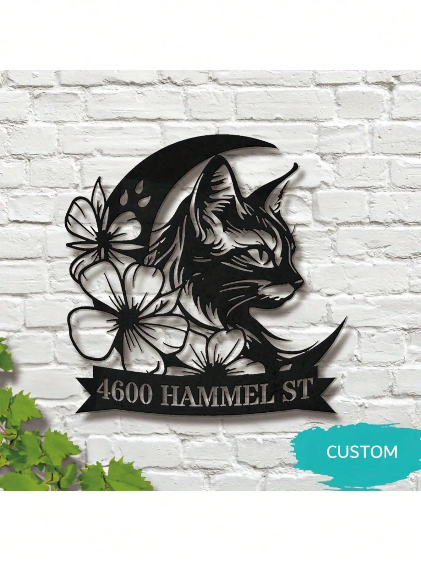 

Floral Moon Cat Address Sign Custom Metal Plaque Outdoor Pet Memorial Decor