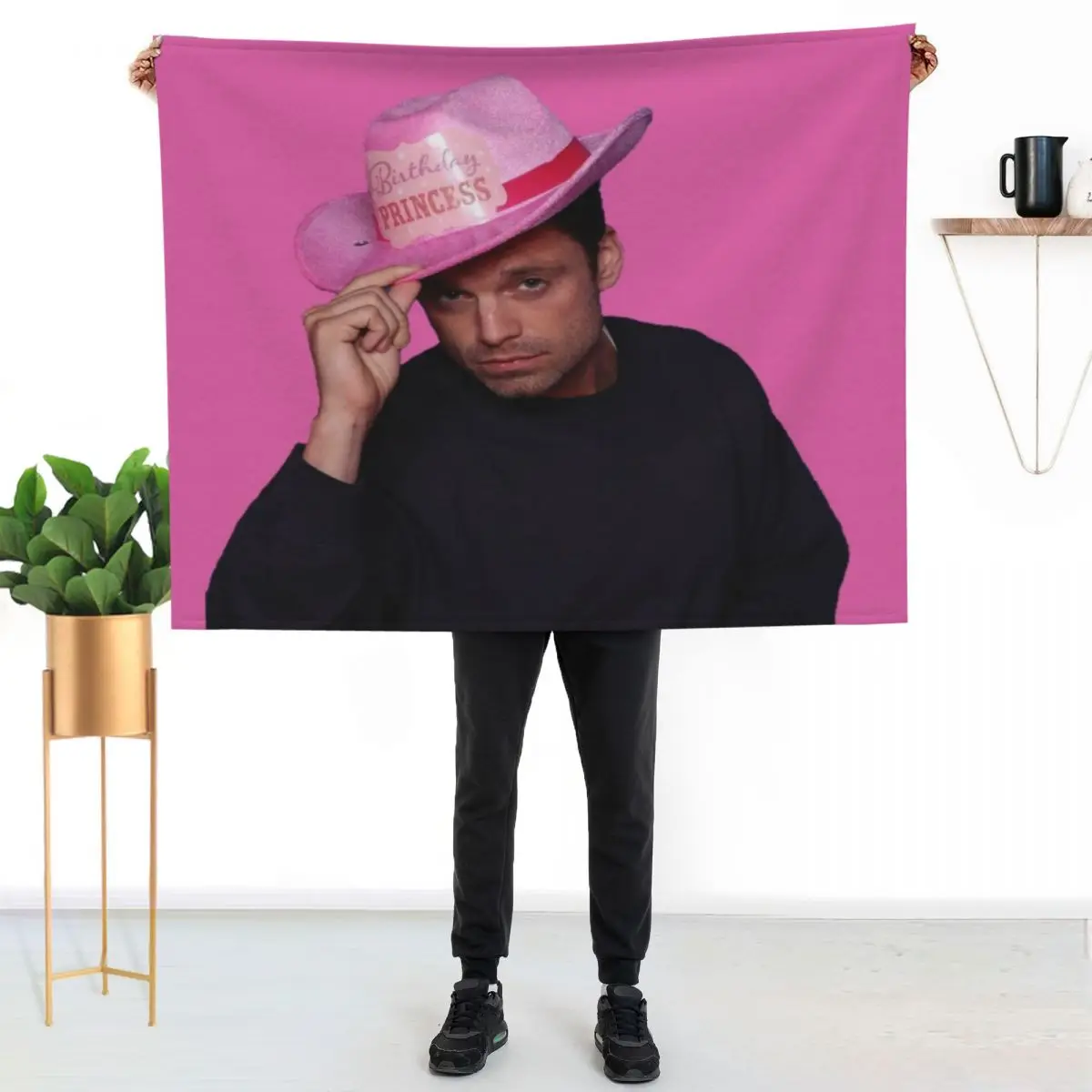 Yes Haw! Sebastian Stan with pink Birthday Princess Cowboy Hat Throw Blanket Custom Bed Polar Blankets