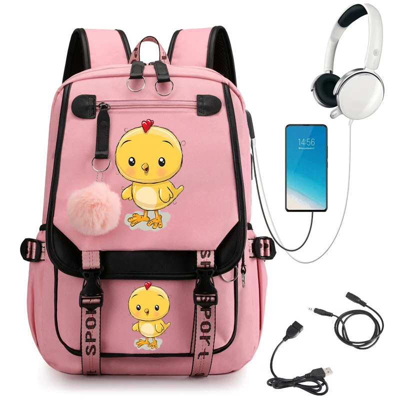 Lindas mochilas escolares con estampado de pollo para estudiantes, mochila de dibujos animados de Anime para adolescentes, mochila escolar para regreso a la escuela, mochila Usb