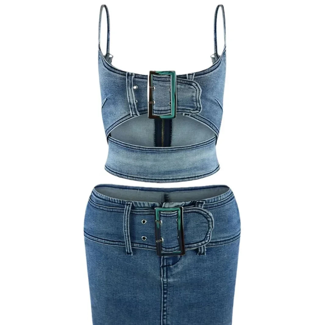 Two Piece Set Women Sexy Ensemble Adjustable Buckle Elastic Halter Short Top Package Hip Skirt Casual Denim Suit Skirts Outfits