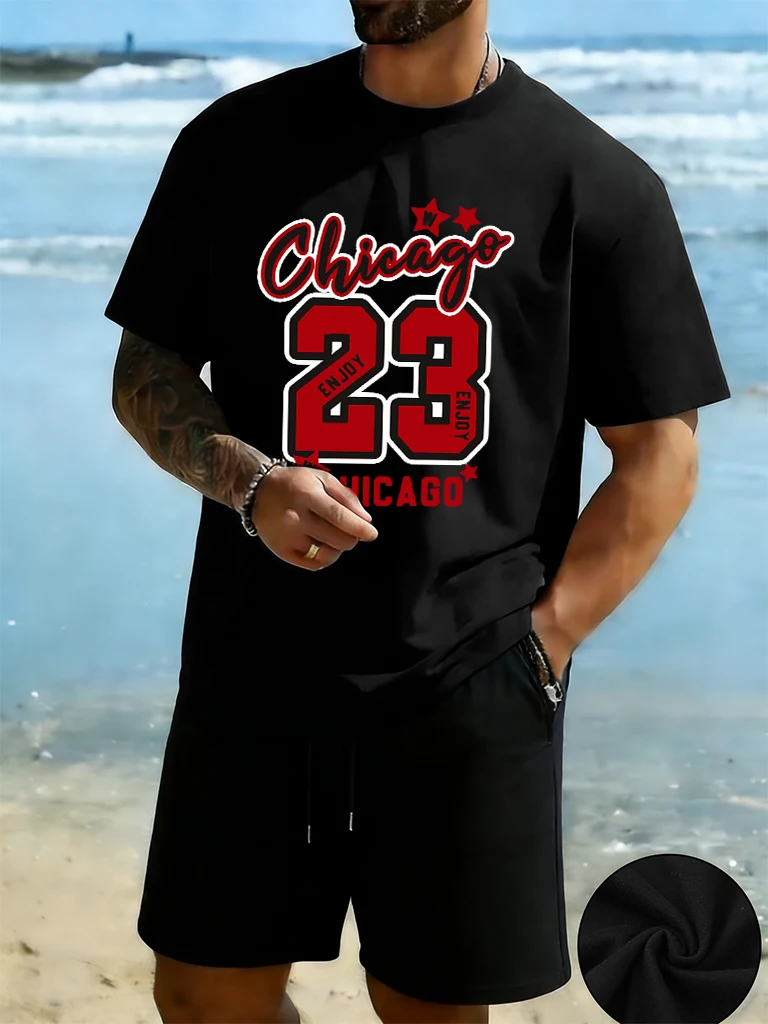 

Chicago Enjoy Number 23 Printed Man Cotton Breathable Street Clothing Summer Simple T Shirt Sets Pocket Loose Fashion Shorts