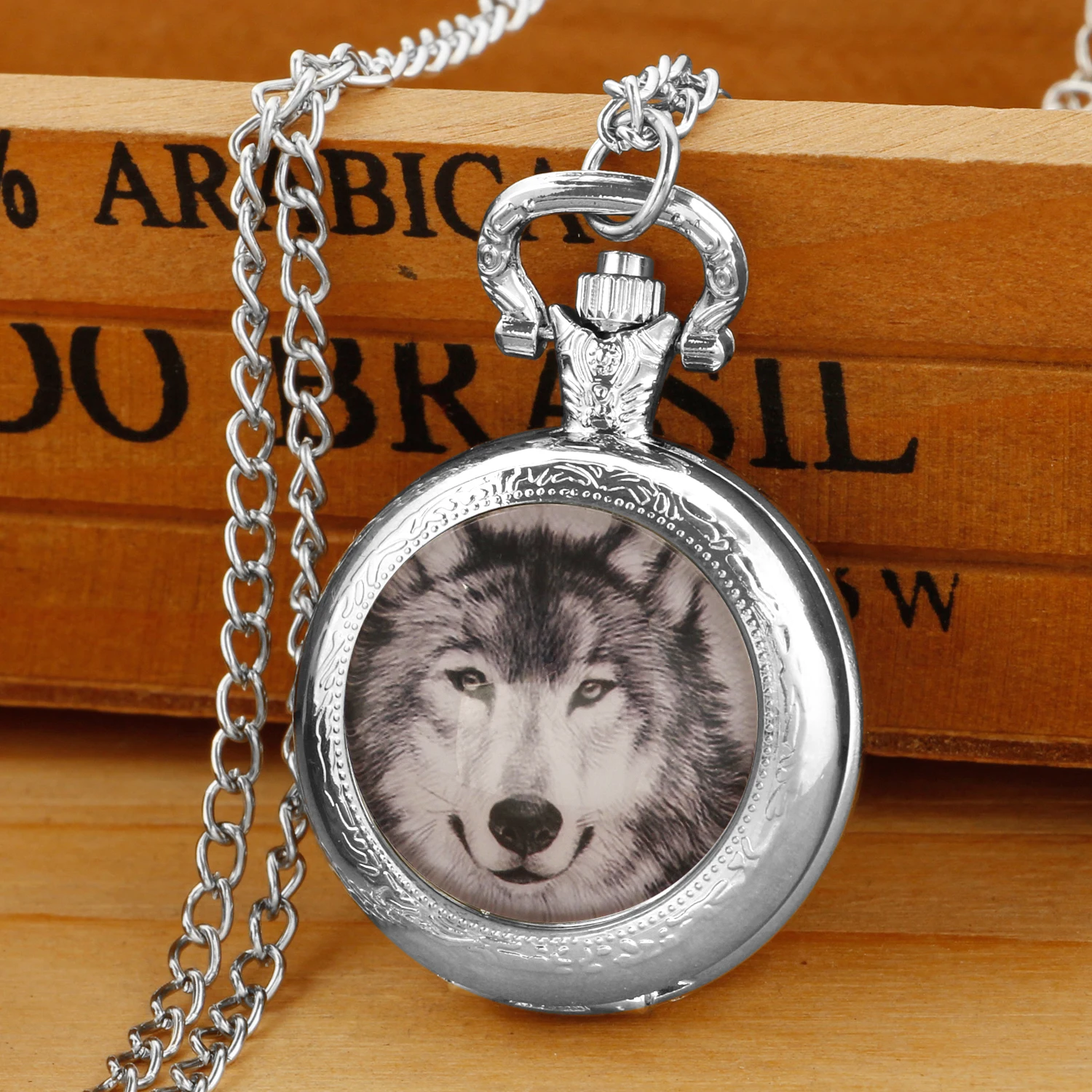 Exquisite Cool Wolf Pattern Quartz Pocket Watch with Necklace Pendant World-Time Feature, Analog Display for Women Men Kids