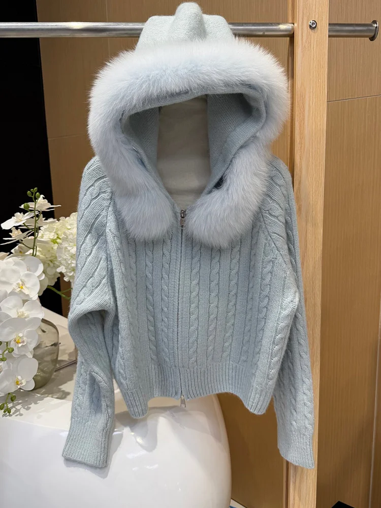 New Casual Autumn Winter Women Natural Real Fox Fur Collar Hooded Jacket Cardigan Fur Decoration Lady's Sweater Coat - view 5