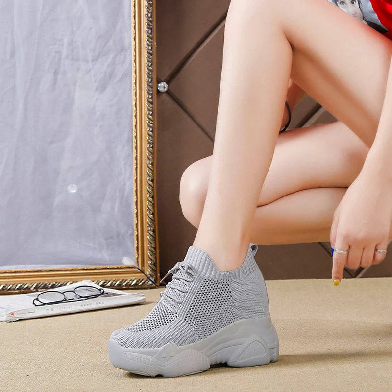 Rimocy oddychająca siatka powietrzna Chunky Sneakers kobiety 2022 wiosna lato dzianiny wysokość zwiększenie buty kobieta białe obuwie codzienne