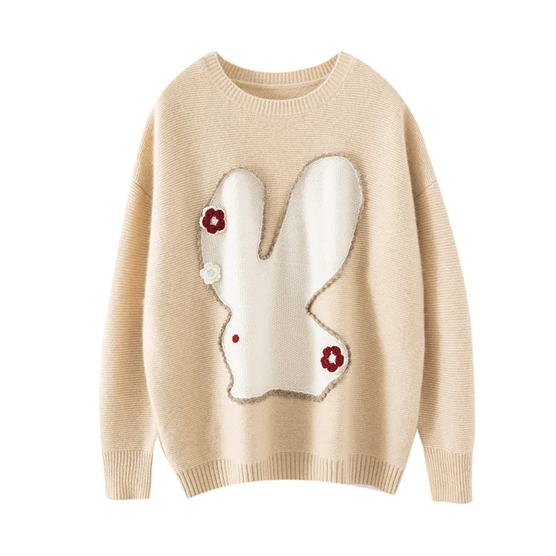 

Autumn/Winter New Women's 100% Pure Cashmere Pullover Casual Embroidered Knitted Sweater Loose Round Neck Tops Thick Warm Jumper