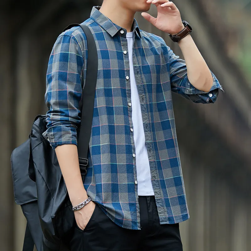 Men's Clothing Casual Plaid Shirts Long Sleeve Korean Loose Spring Autumn Single-breasted Chic Commute Turn-down Collar Shirts