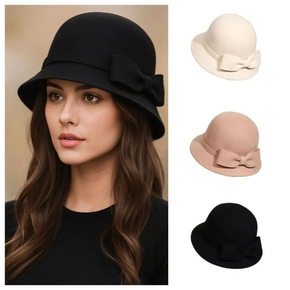 

Fashion Solid Color Bow Topper Hat Keep Warm Flat-top Women Fisherman Hat Black French Style Woolen Bucket Hat Famale