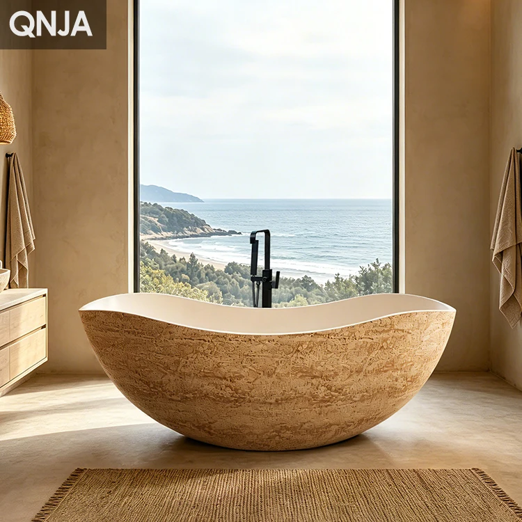 Luxury Stone Baths, Factory Travertine Artificial Cave Stone Oval Standing Bathtub Modern Simple Hotel Villa High-end Bathroom