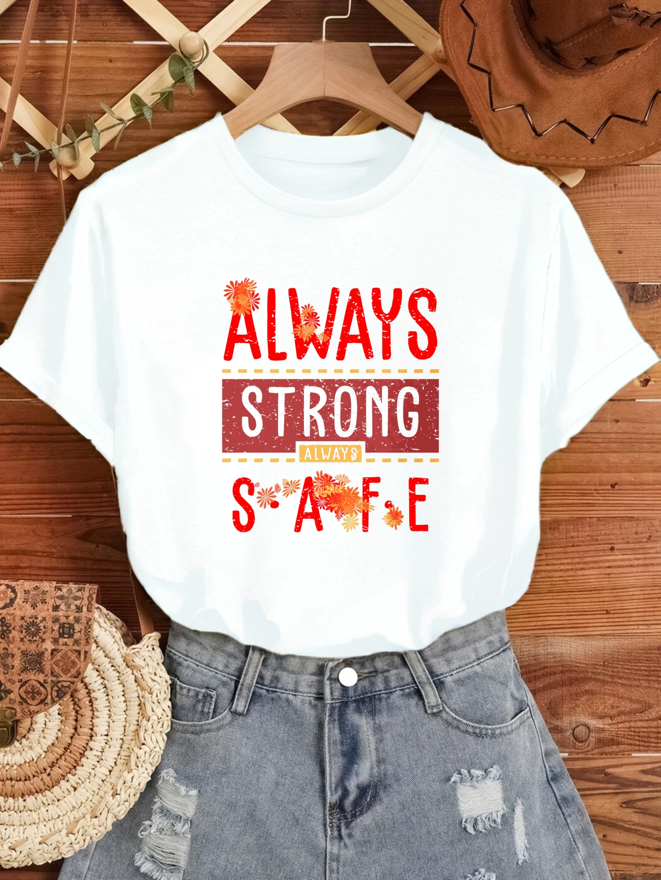 

Женские футболки в китайском стиле с принтом, повседневная футболка из 100% хлопка Always Strong Always Safe с принтом, повседневная футболка для бега