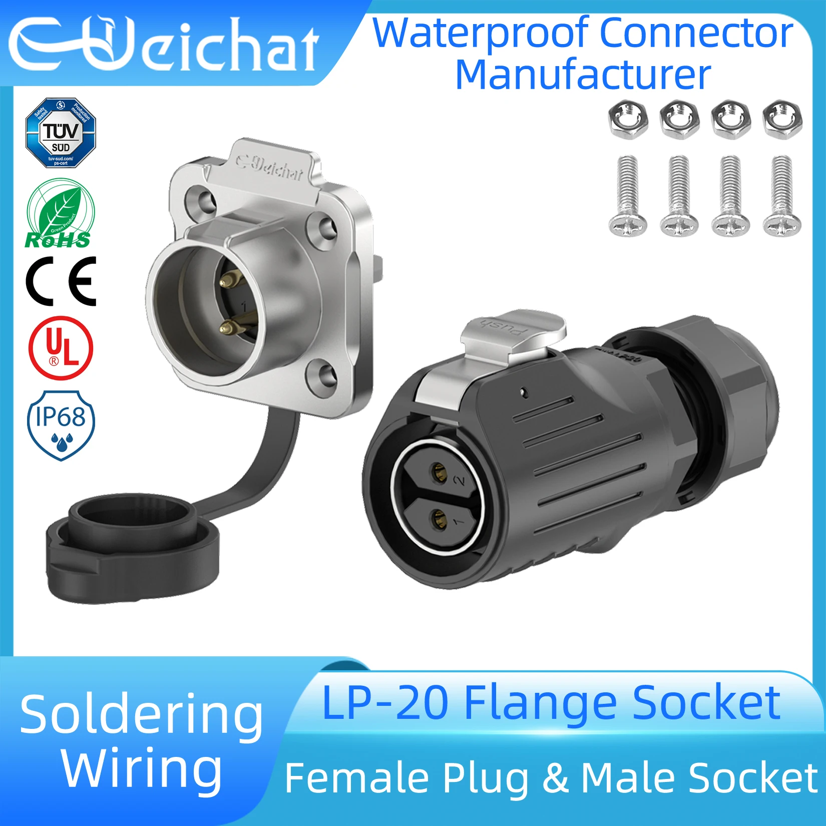 

LP20 IP68 Waterproof Connector Metal Shell Female Plug + Flange Socket 2-14 Pin Solder Wiring Industrial Aviation Connector