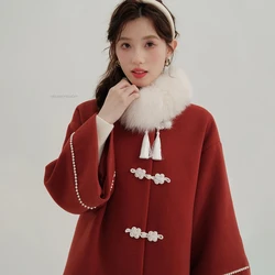 Wearing Red Wool Overcoat  Spring Festival Women Tangsuits Red Thicken Hanfu Blouse Chinese Vintage Clothing Thicken Tangsuits