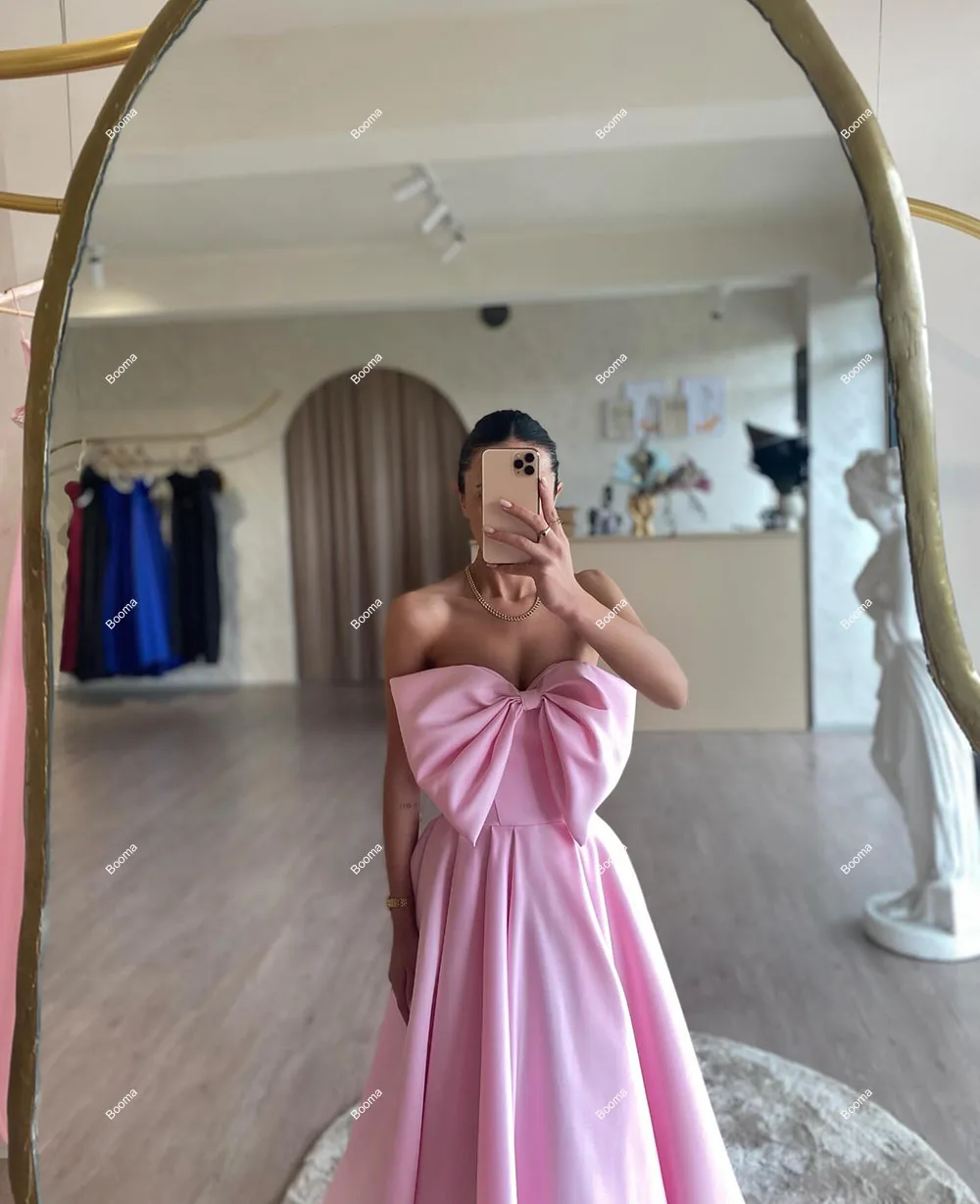 Booma A-Line Pink Evening Dresses Strapless Sleeveless Satin Wedding Party Gowns with Big Bow Formal Occasion Gowns for Women