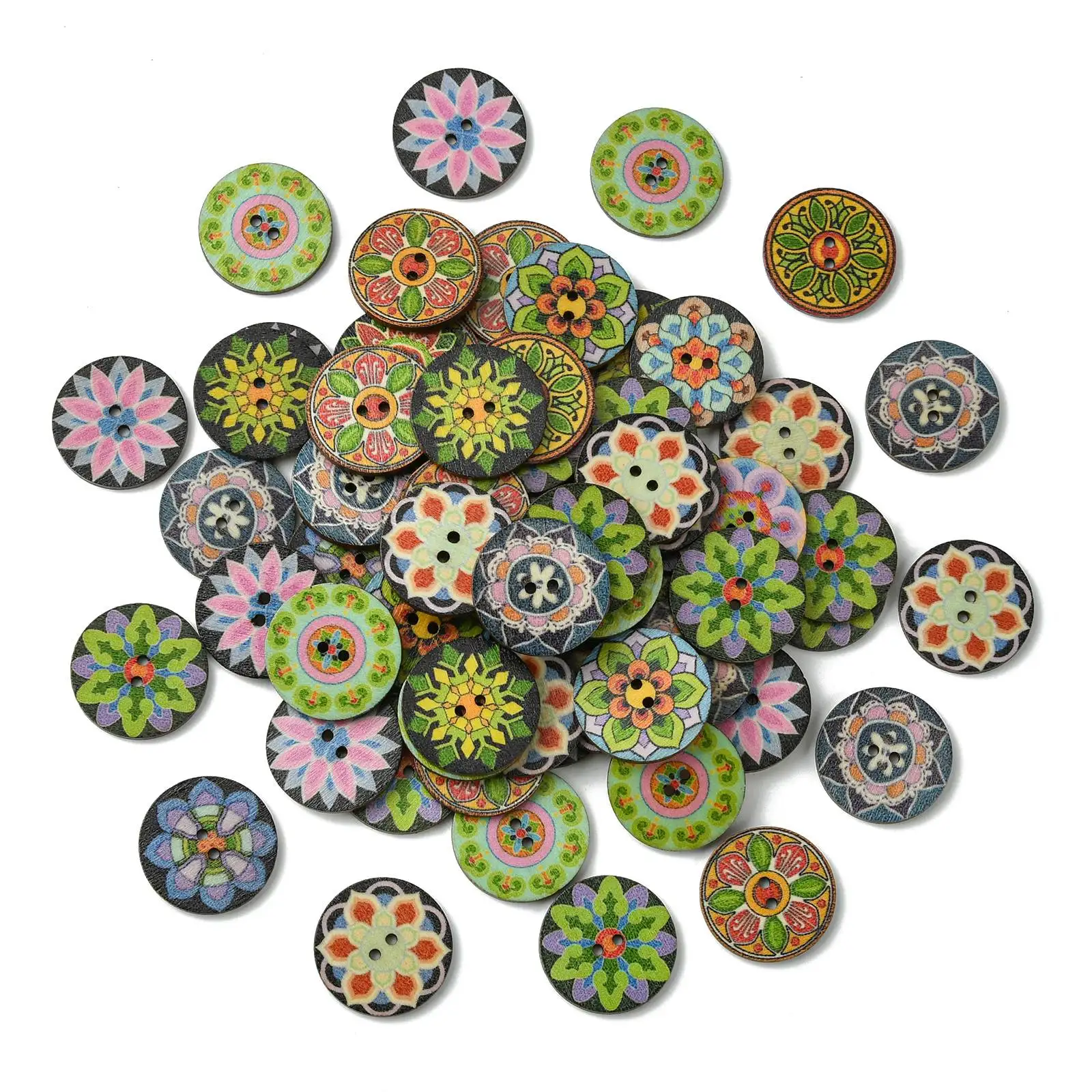 Pandahall 200Pcs Random 25mm Wooden Buttons Vintage Round Wooden Flower Buttons Decorative Buttons for DIY Sewing Crafts