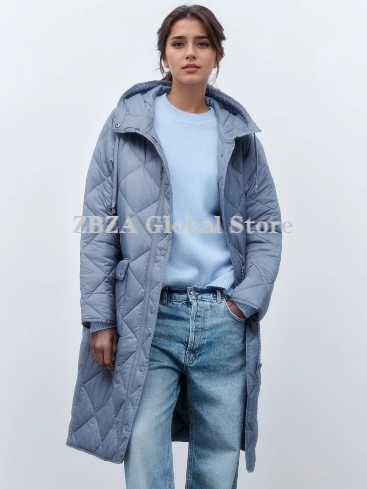 ZBZA Women Diamond Pattern Medium Length Hooded Jacket Long Sleeves Single Breasted Pocket Oversize Overcoat Winter Female Coat