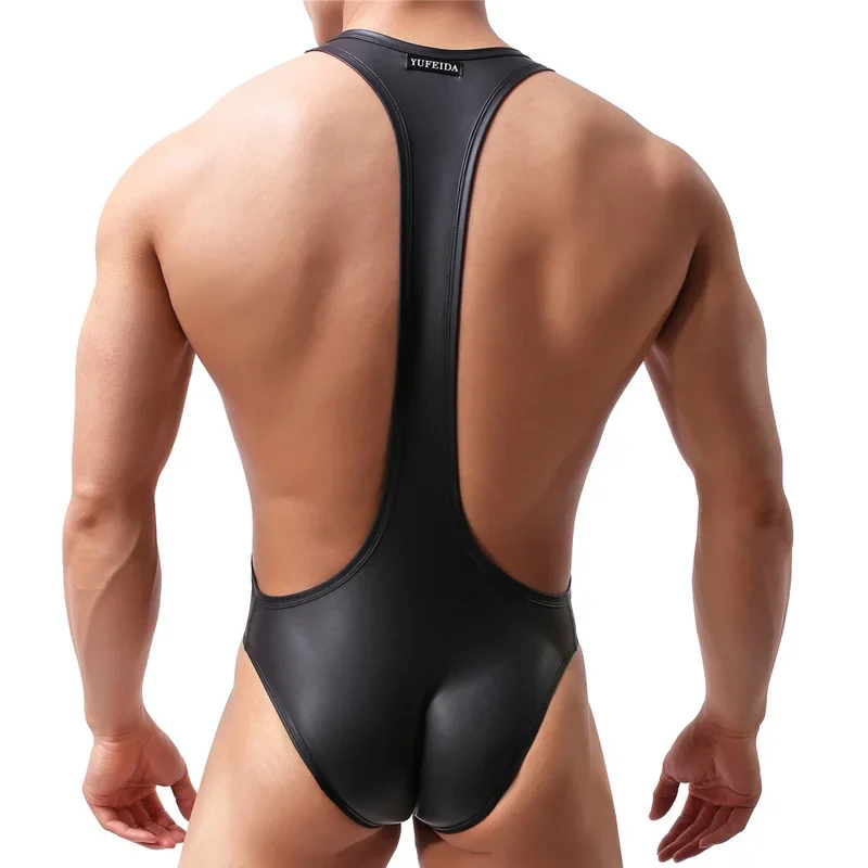 

Men Underwear Bodysuits PU Leather Bulge Pouch Catsuit Clubwear One-piece Wrestling Singlet Sexy Undershirts Jockstrap Jumpsuits