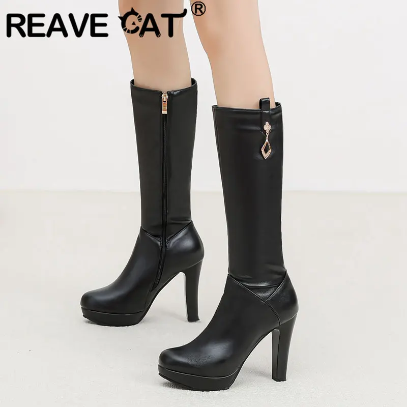 REAVE CAT Sweet Women Long Boots Round Toe Chunky Heels 10cm Platform 2cm Decoration Big Size 42 43 Fashion Bota 32