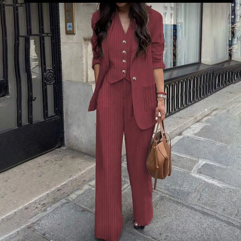 

Модный женский костюм в полоску: пиджак, брюки и жилет, 3 предмета, высокое качество, однобортный, стандартная длина, для офиса