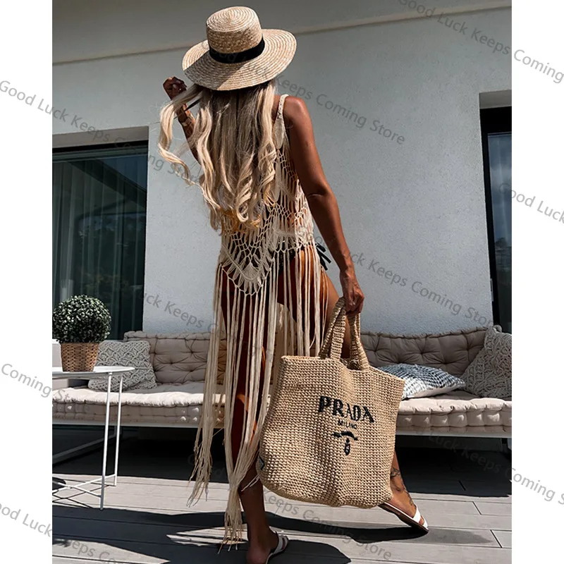 2025 เสื้อถักโครเชต์บิกินี่ COVER-UPS เซ็กซี่ Hollow OUT ชุดผู้หญิงฤดูร้อนเสื้อผ้าชายหาดสวมชุดว่ายน้ําดูผ่านพู่ COVER UP