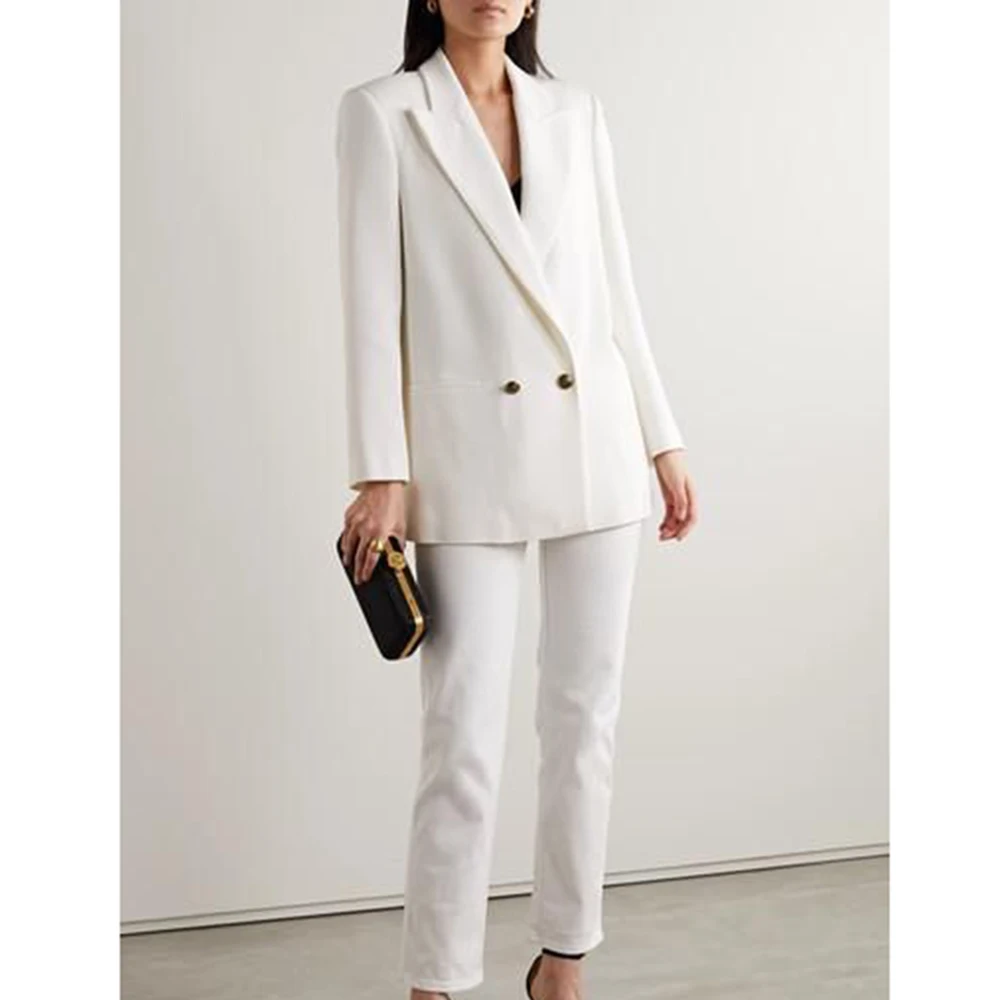 Classic White Women's Two Pieces Suit Set Double Breasted Peak Lapel Jacket Pants Sets Office Banquet Wedding Female Clothing