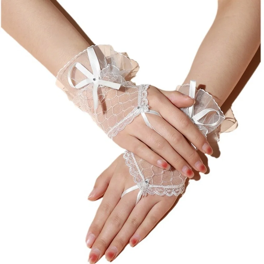 Gothic Short Black Gloves Female Harajuku Lace Bridal Wedding Halloween Lolita Dress Net Gauze Bow Hand Sleeve Fishnet Gloves image 3