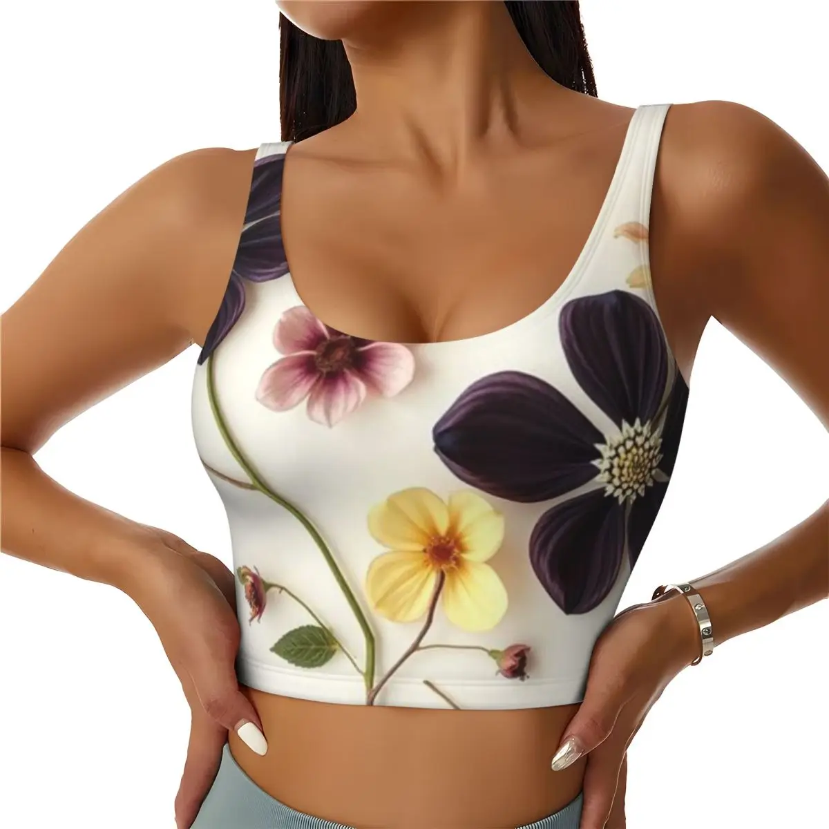 Pilates Workout Top Dark Purple Yellow Floral Flat Layout Coastal Jogging Body Shaping Top