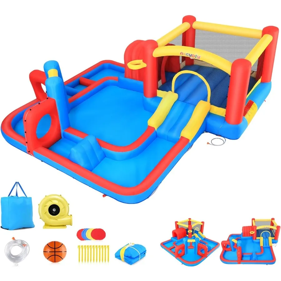 Opblaasbaar springhuis voor kinderen, 10-in-1 waterglijbaan achtertuin met ventilator, waterpark met waterkanonnen, basketbalring, tunne