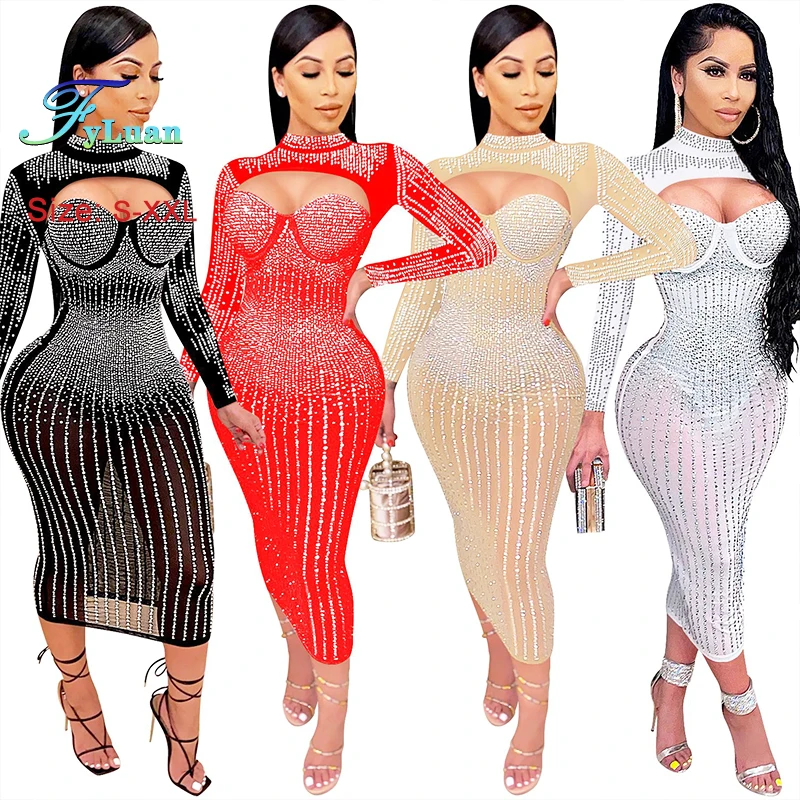 2025, Produkt für Damen, Party, Nachtclub, Netz, Diamanten, heiße Strasssteine, lange Ärmel, durchsichtiger Ausschnitt, figurbetont, sexy Partykleider