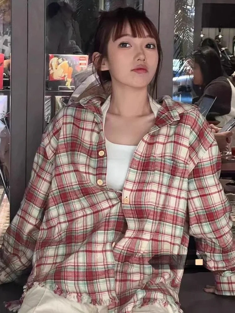 

Pink Plaid irt Women's Winter Sle 2025 New Lazy American Retro Jaet Top Loose Fit Long Sve Collar Regular Thi...