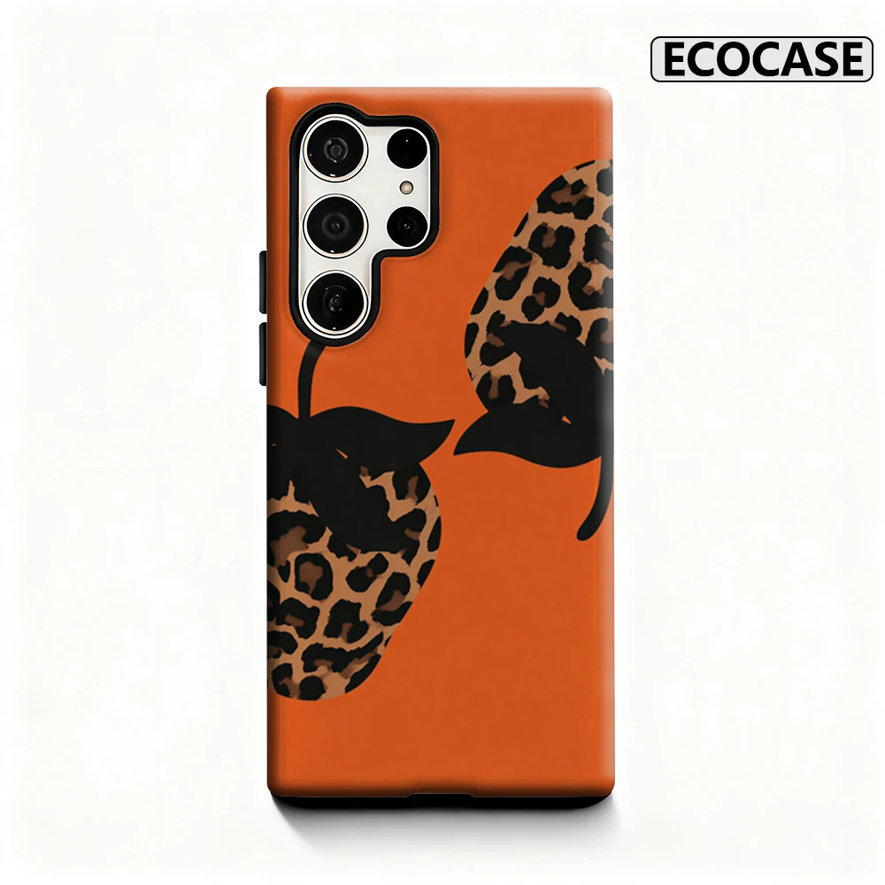 Orange Leopard Erdbeere Handyhülle für Samsung Galaxy S25 Ultra S24 S23 Ultra Plus Glänzende doppellagige Rückseite