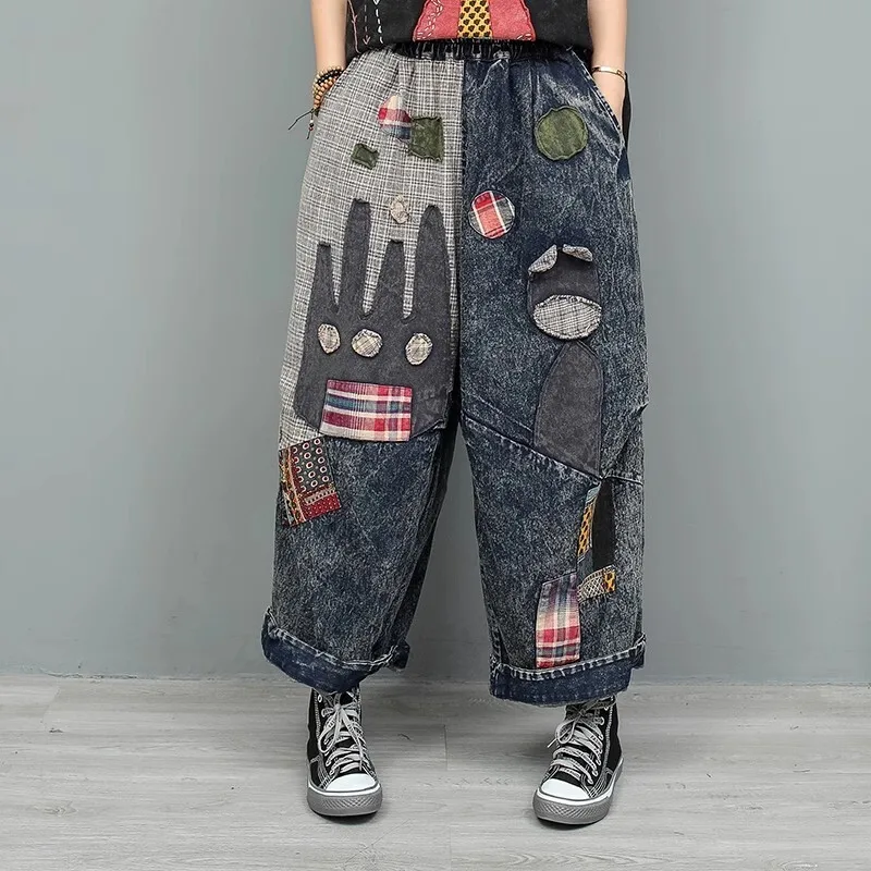 Hand Embroidered Blue Loose Pant Women Straight Leg Denim Jeans Spring Autumn LX2627