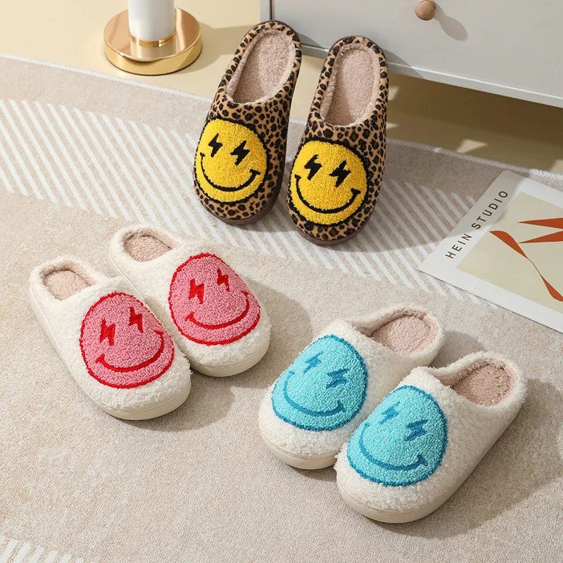 Leopard Print Home Slippers for Women Cartoon Smile Soft Sole Cotton Slides Woman New Winter Warm Plush Slippers Cute Houseshoes