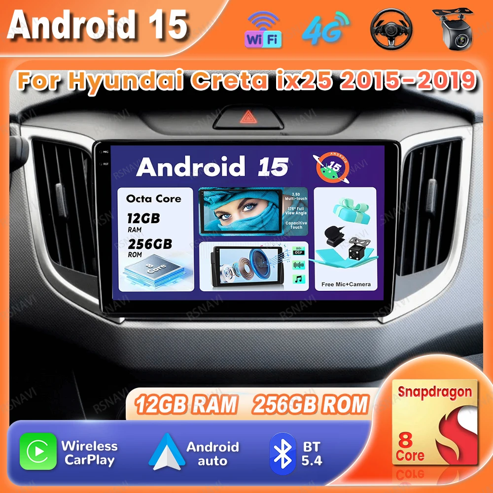 

Car Radio Android 15 For Hyundai Creta Ix25 2015-2019 QLED Autoradio Wireless Carplay Auto Head Unit Multimedia 4G LTE 5G WIFI