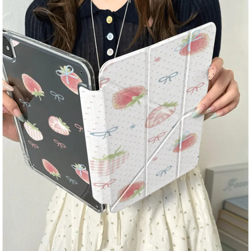 Funda para Tablet con Diseño de Lazo de Fresa y Porta Lápices para Samsung Tab S7/S8/S9/S10/S11 Tad S7+/S8+/S9+/S10+ 11/12.4/13.1 pulgadas