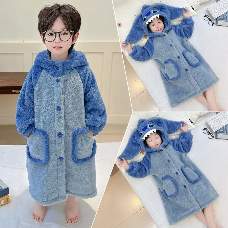 Stitch Kids Flannel Bathrobe Baby Girl Boy Cartoon Hooded Pajamas Children Soft Bath Robe Nightgown Kid Cartoon Thicken Homewear