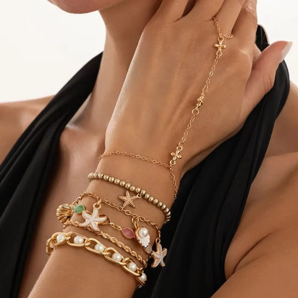 SHIXIN 6Pcs/Set Exquisite Imitation Pearl Chain Finger Bracelets Women Creative Starfish Scallop Pendant Bangles Wedding Jewelry