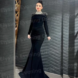 Sexy Women Evening Dresses High Neck Mermaid Prom Gowns Long Sleeve Beaded Formal Party Customized Vestido De Gala Noche Mujer