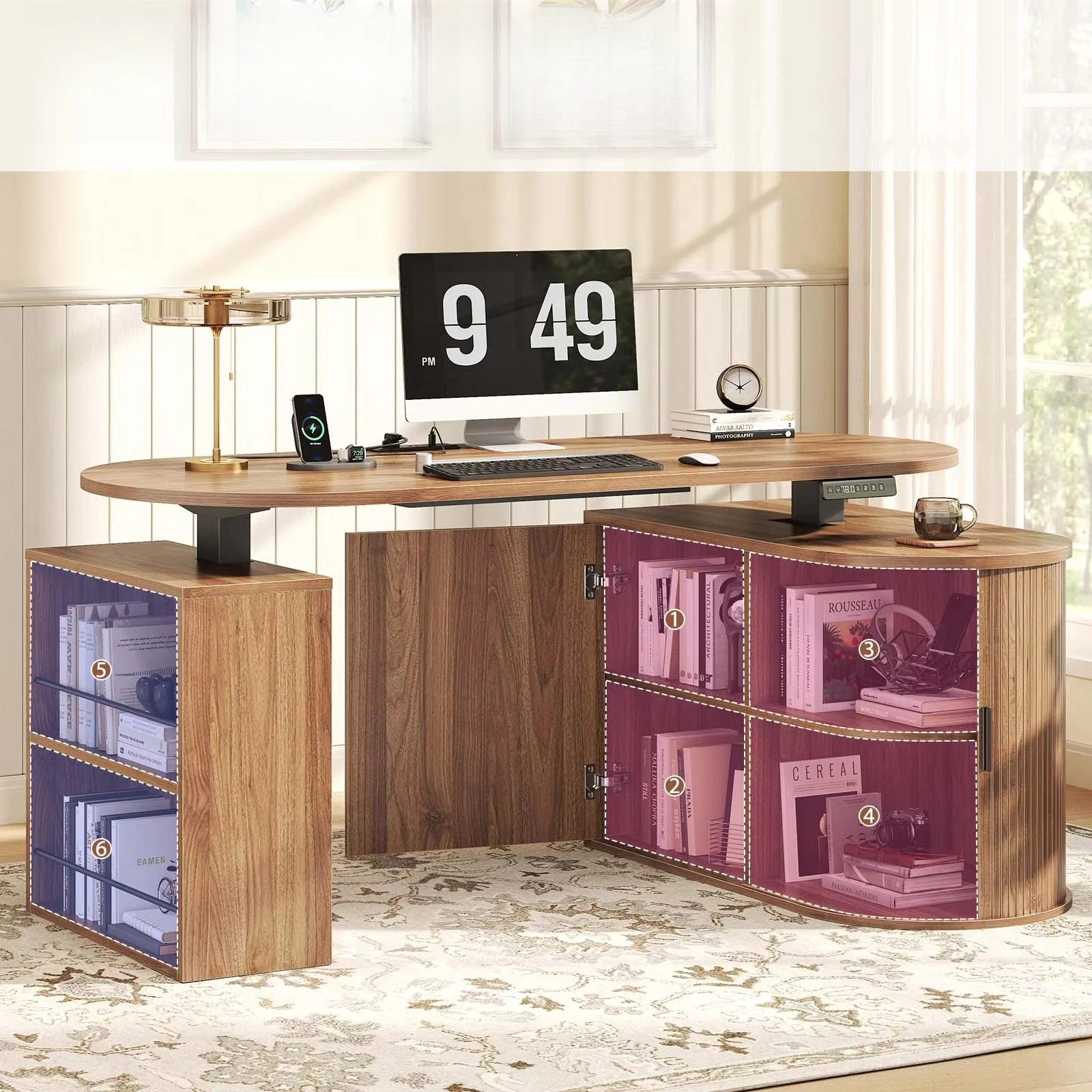 2026 New Design Ergonomic Electric Standing Large Height Adjustable L Shape Wooden Office Computer Desk Table with Large Storage