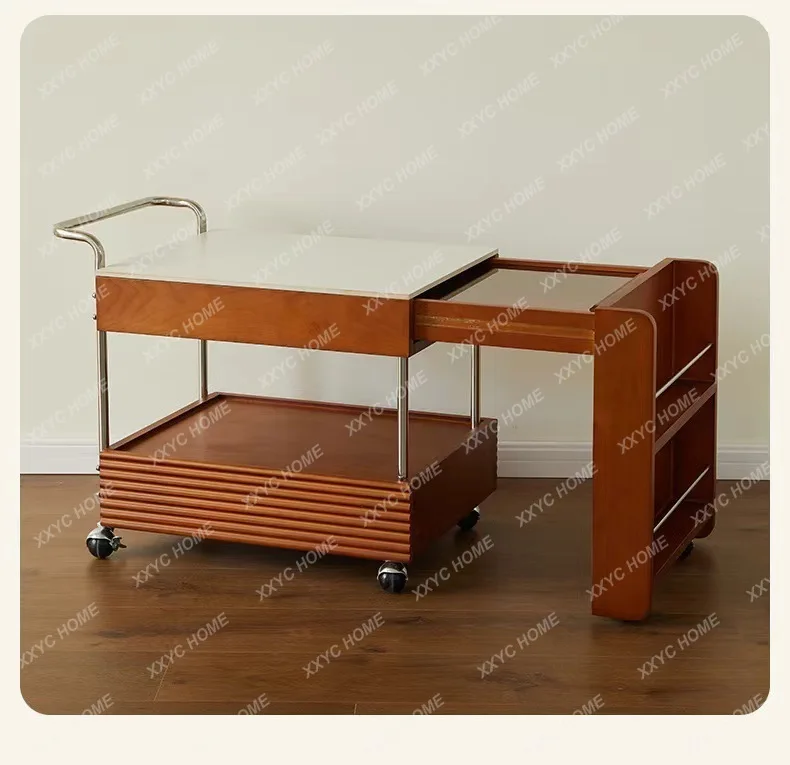 X36 Coffee Table Solid Wood Small Surrounding Stove Tea Mobile Tea Cabinet  Medieval Rock Slab Tea Edge Table