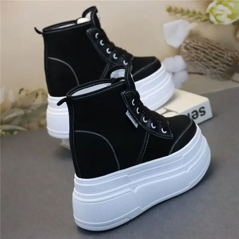 high-top lace-up small increase and slim 10cm leisure canvas shoes with super high heels and 12cm